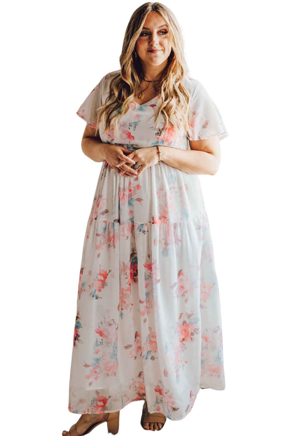 White V Neck Short Sleeves Floral Print Maxi Dress