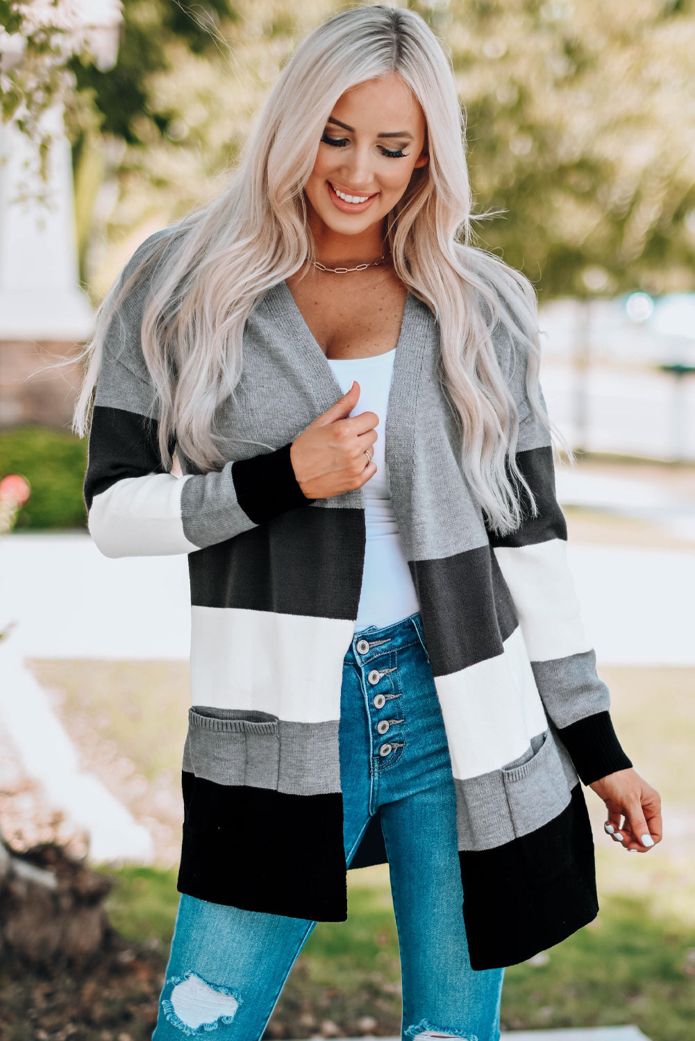 Khaki Open Front Colorblock Cardigan with Pockets