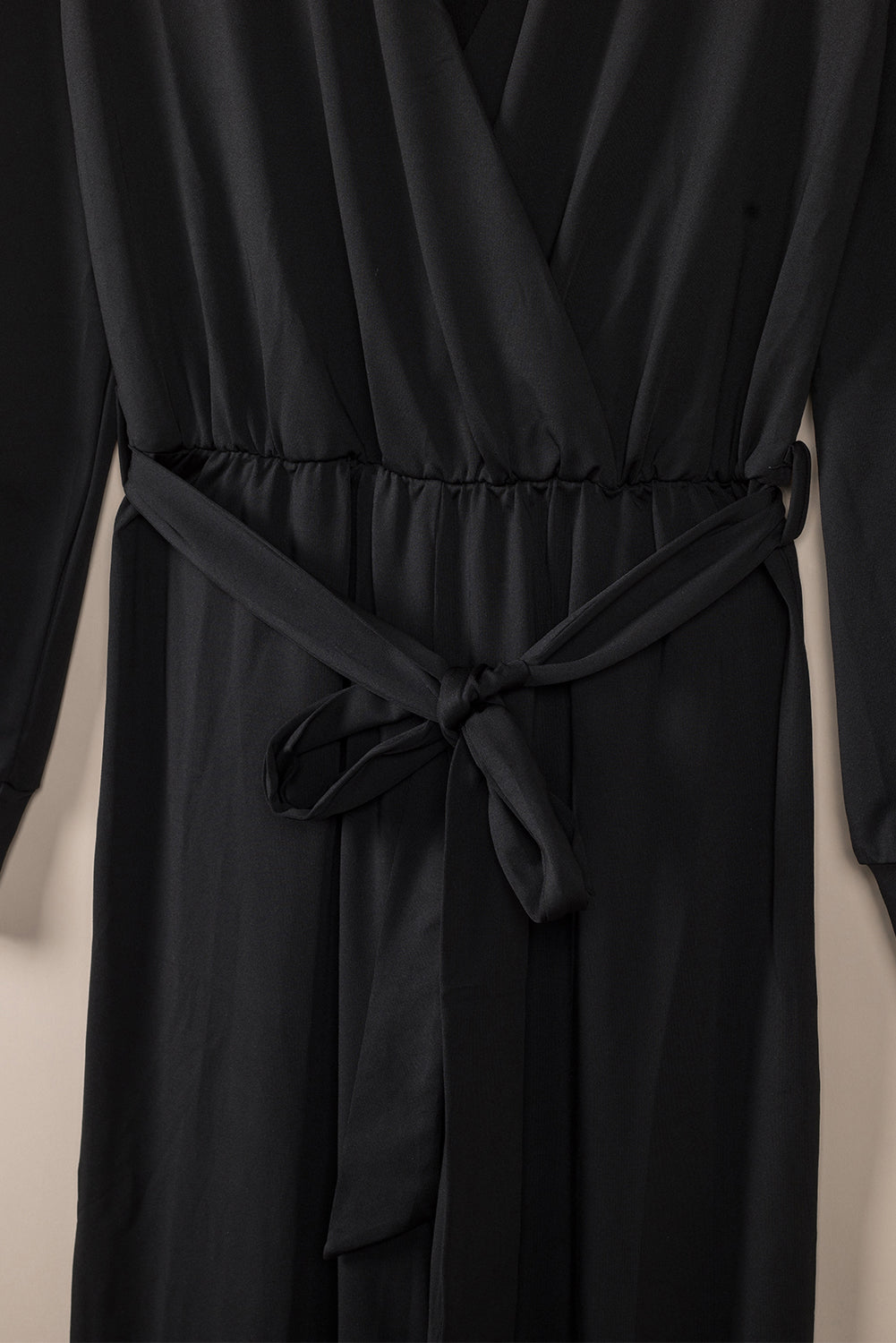 Black V Neck Wrap Waist Tie Long Sleeve Jumpsuit