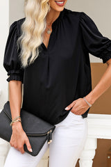 Black Solid Color Smock Sleeve V Neck Top