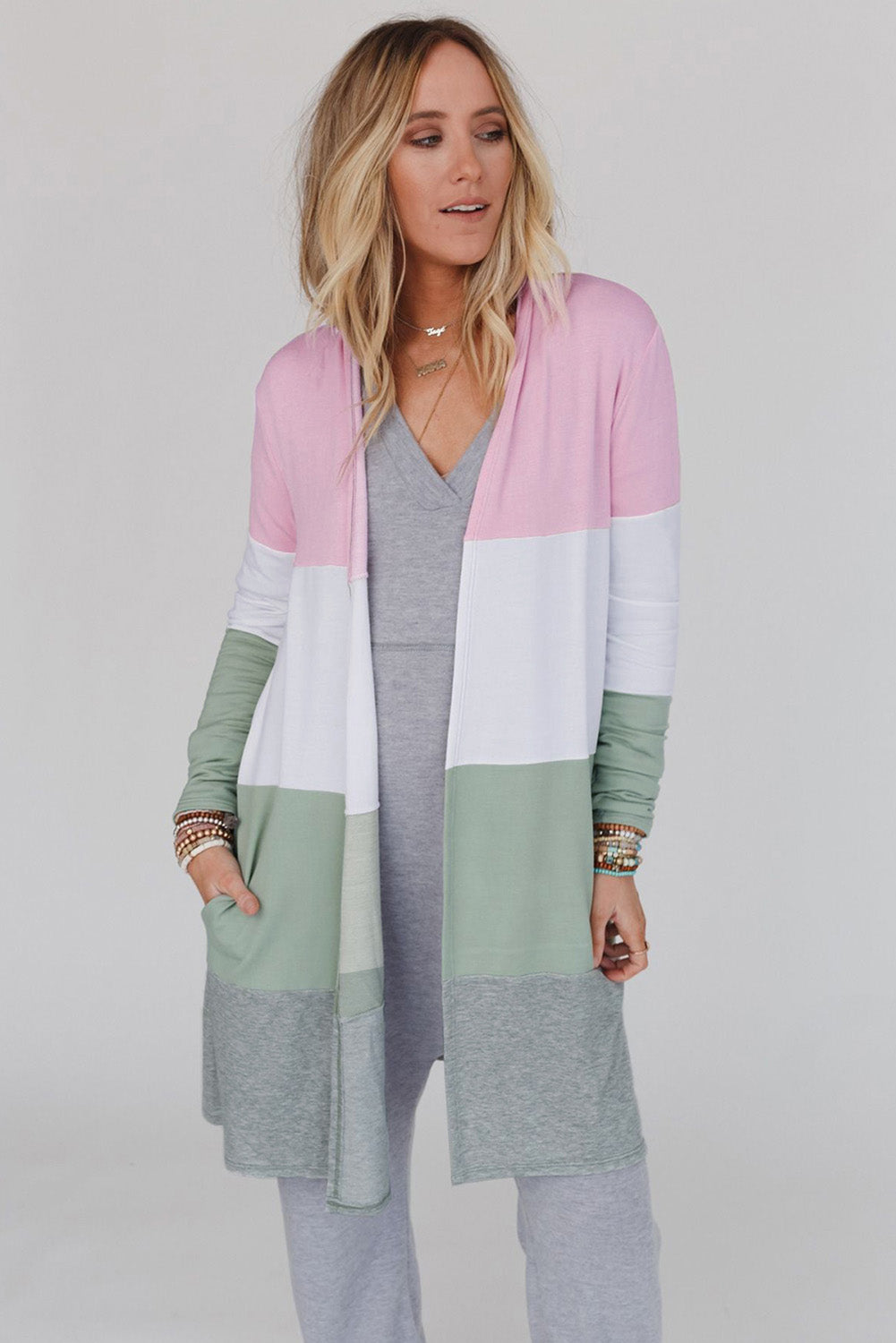 Pink Plus Size Colorblock Open Front Cardigan