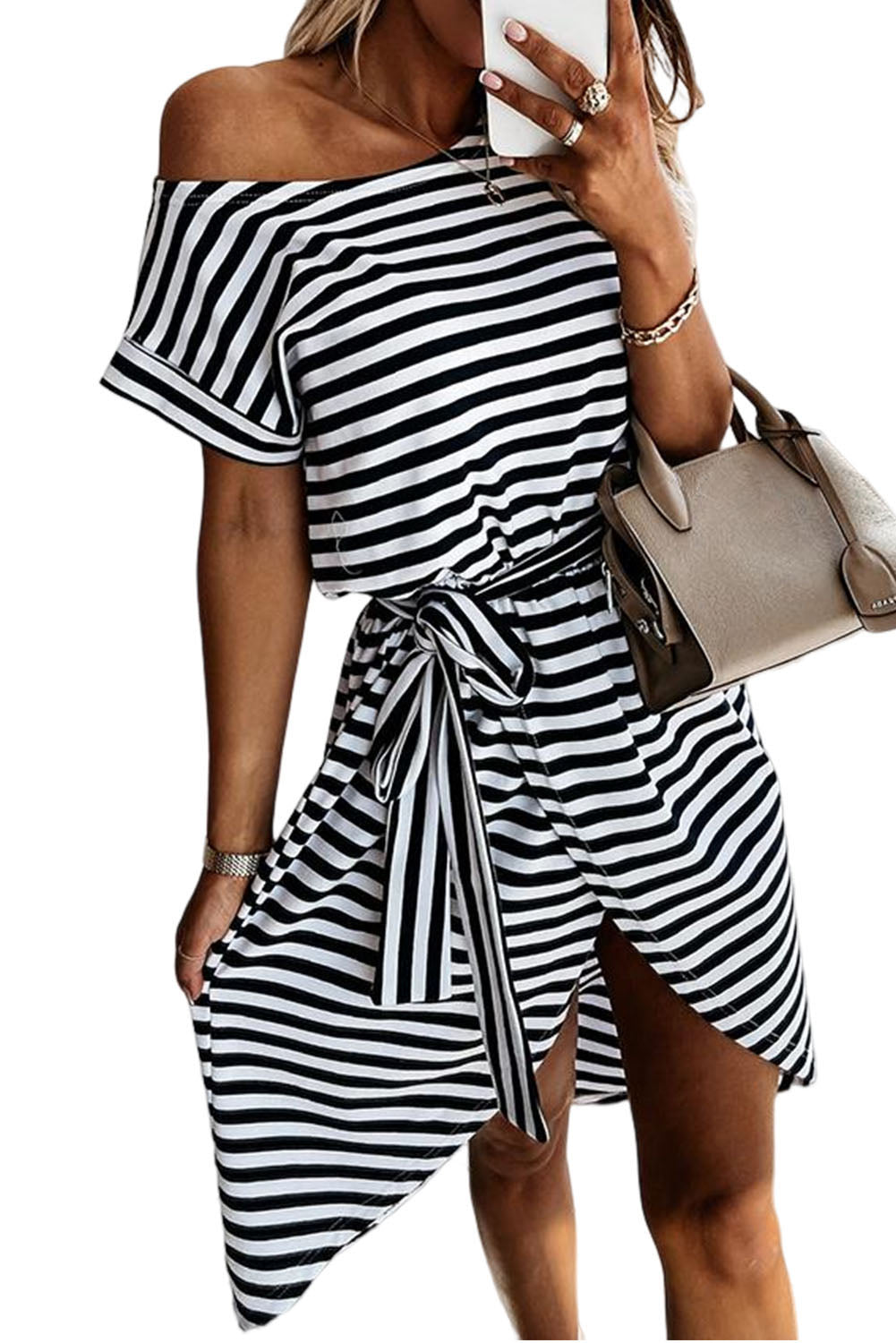 Black Stripe Short Sleeve Belted Wrapped Hemline T-Shirt Dress