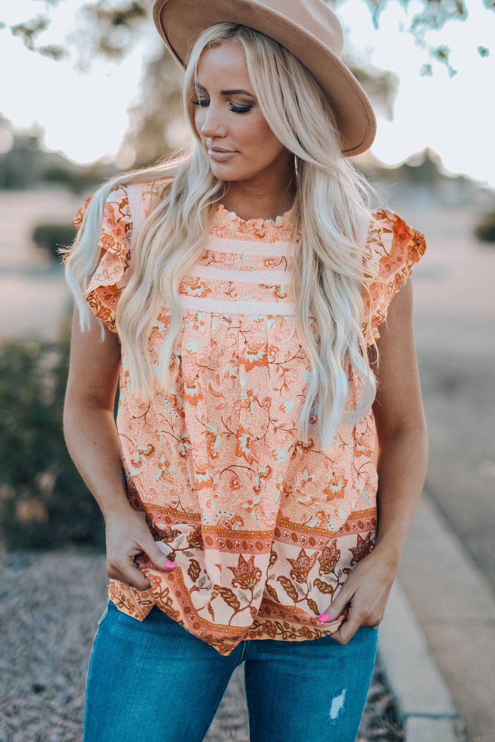 Sky Blue Floral Print Ruffled Crew Neck Sleeveless Top