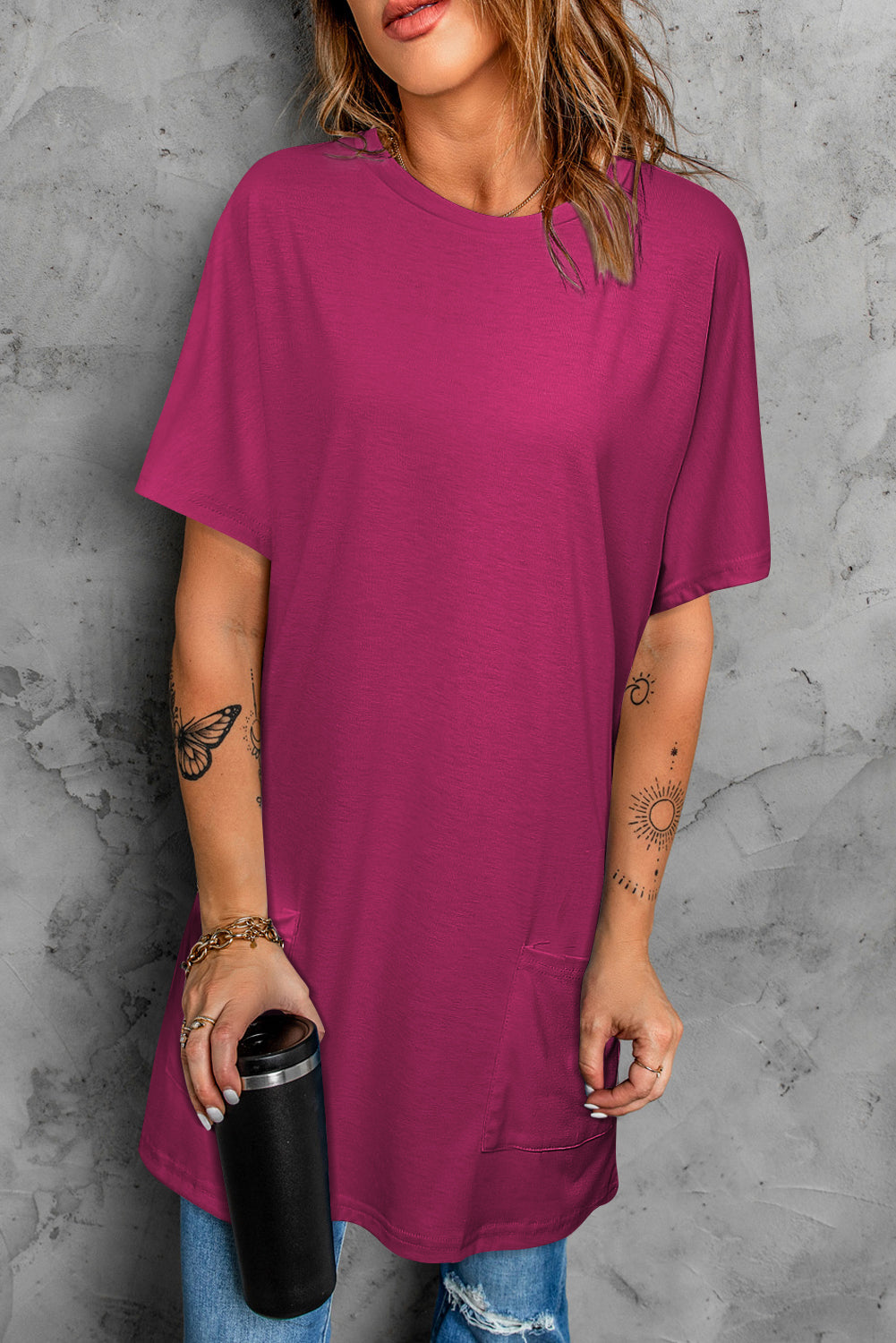 Black Side Pockets Short Sleeve Tunic Top