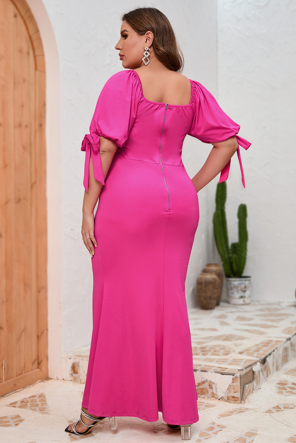 Black Bow Tie Puff Sleeve Plus Size High Slit Maxi Dress