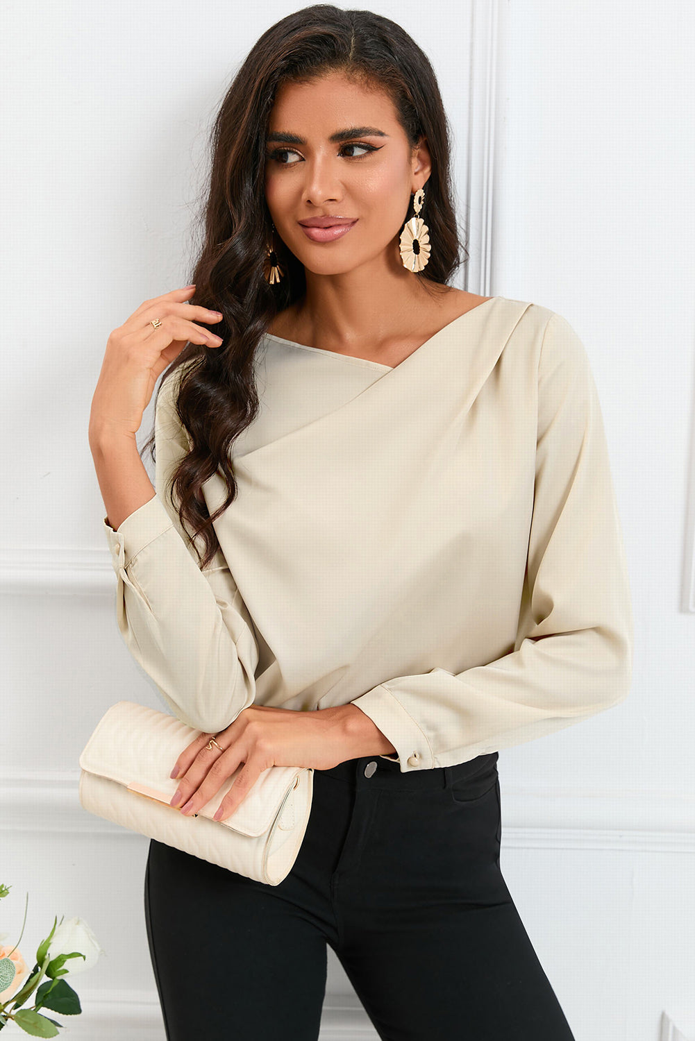 Apricot Solid Asymmetric V Neck Long Sleeve Satin Blouse