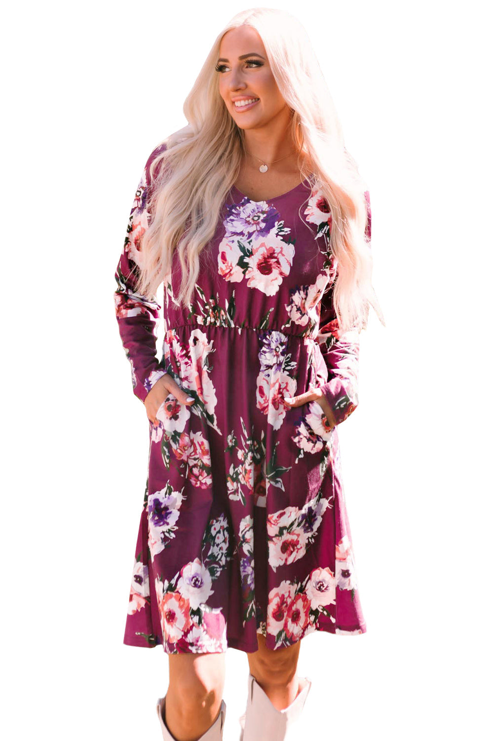 Rose Long Sleeve High Waist Floral Dress