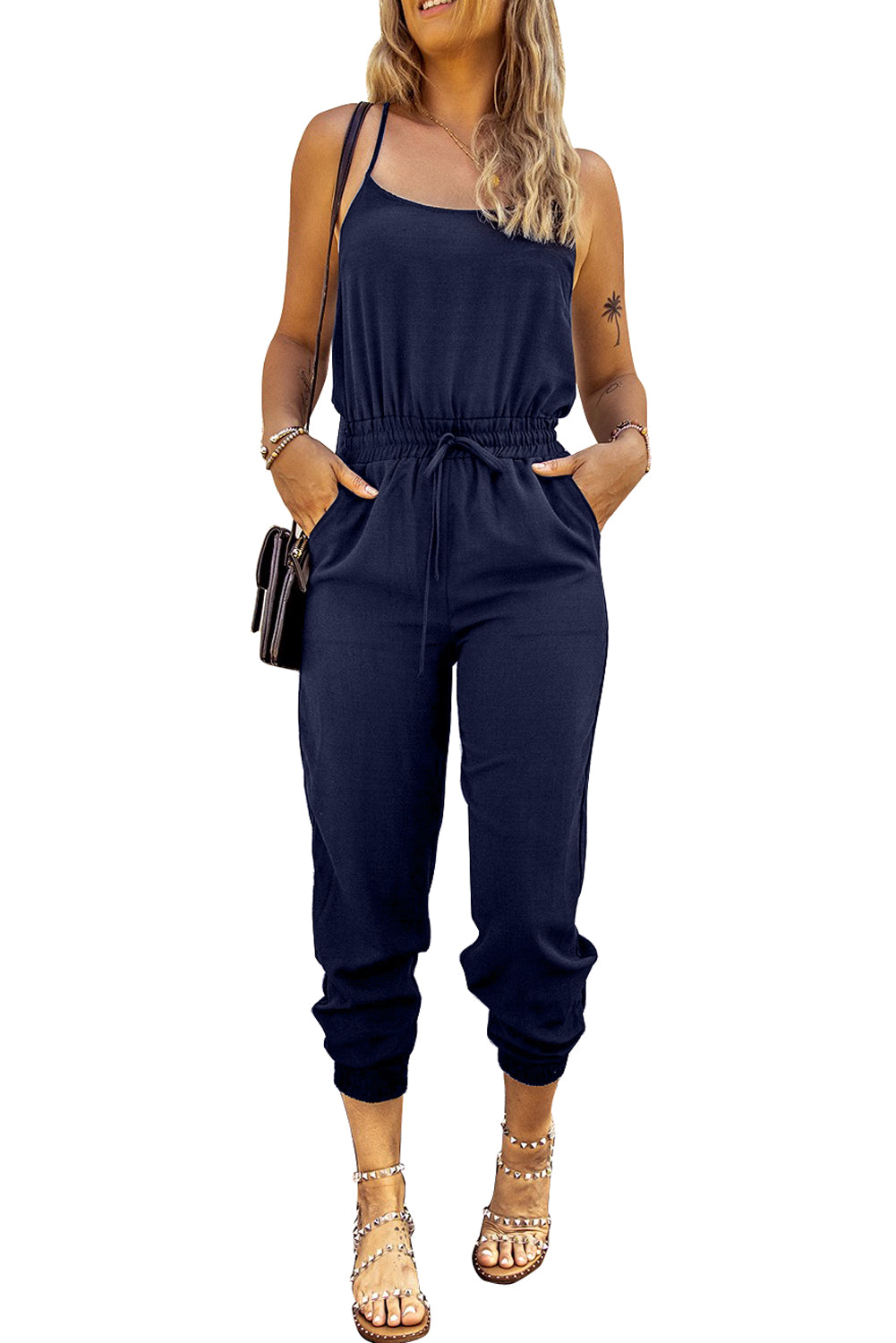 Blue Drawstring Waist Spaghetti Straps Jumpsuit