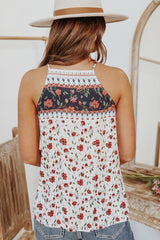 White Smocked Frilled Boho Floral Print Halter Tank Top