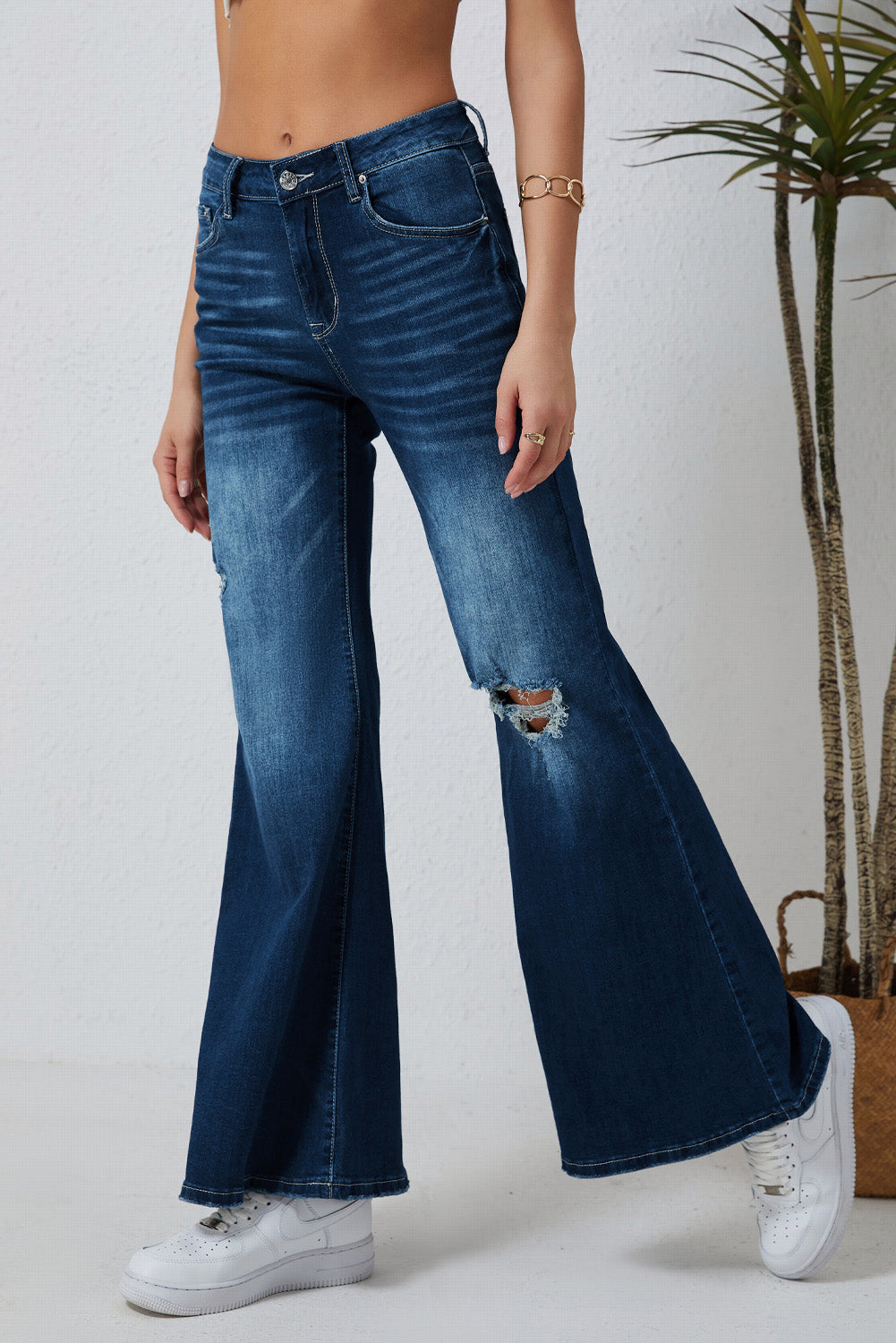 Blue Asymmetric Open Knee Distressed Flare Jeans