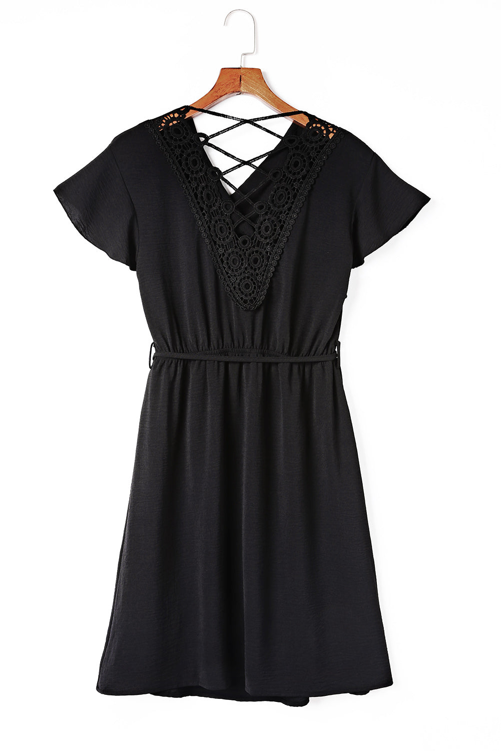 Black Lace Crochet Drawstring High Waist Mini Dress