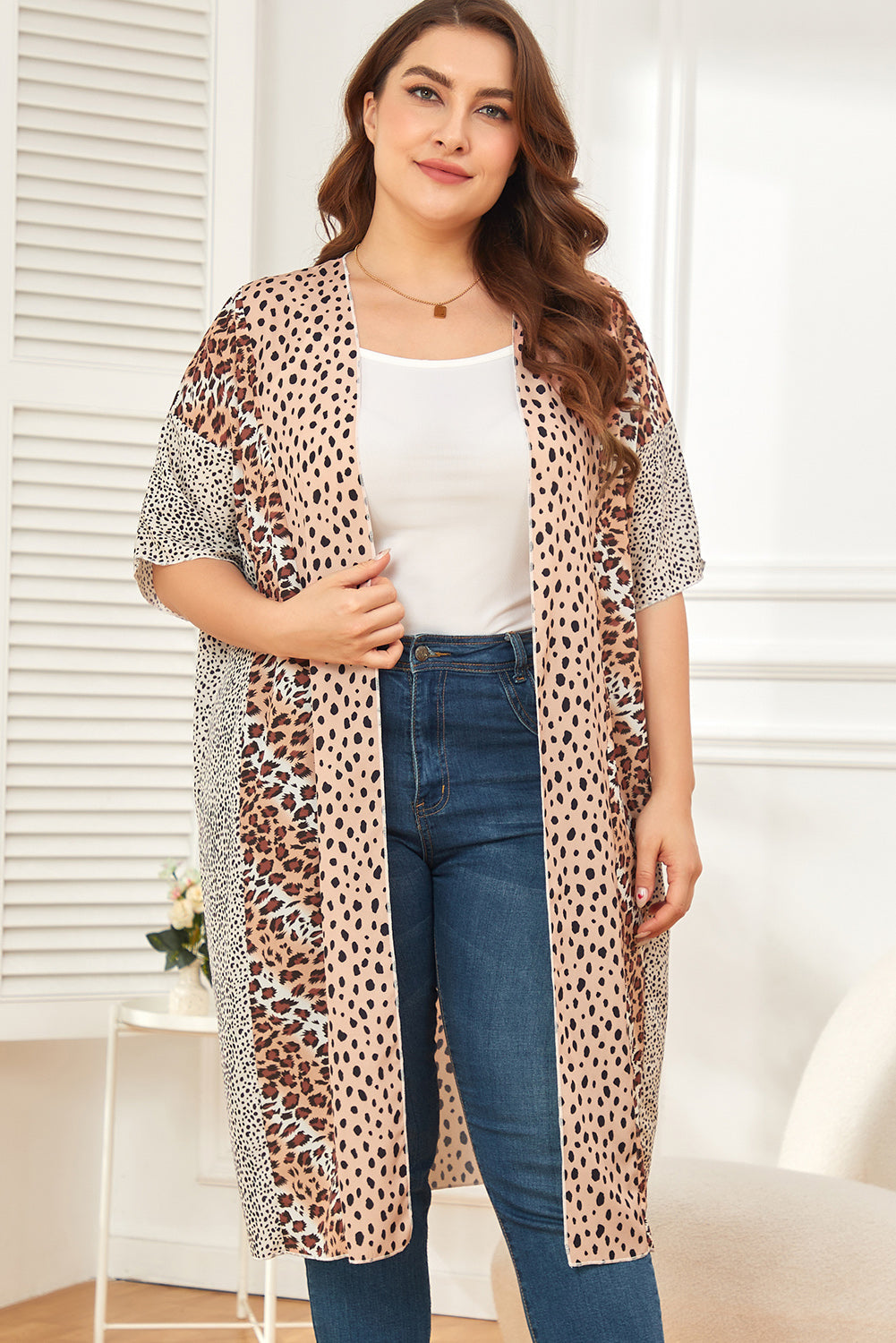 Plus Size Leopard Color Block Flowy Kimono