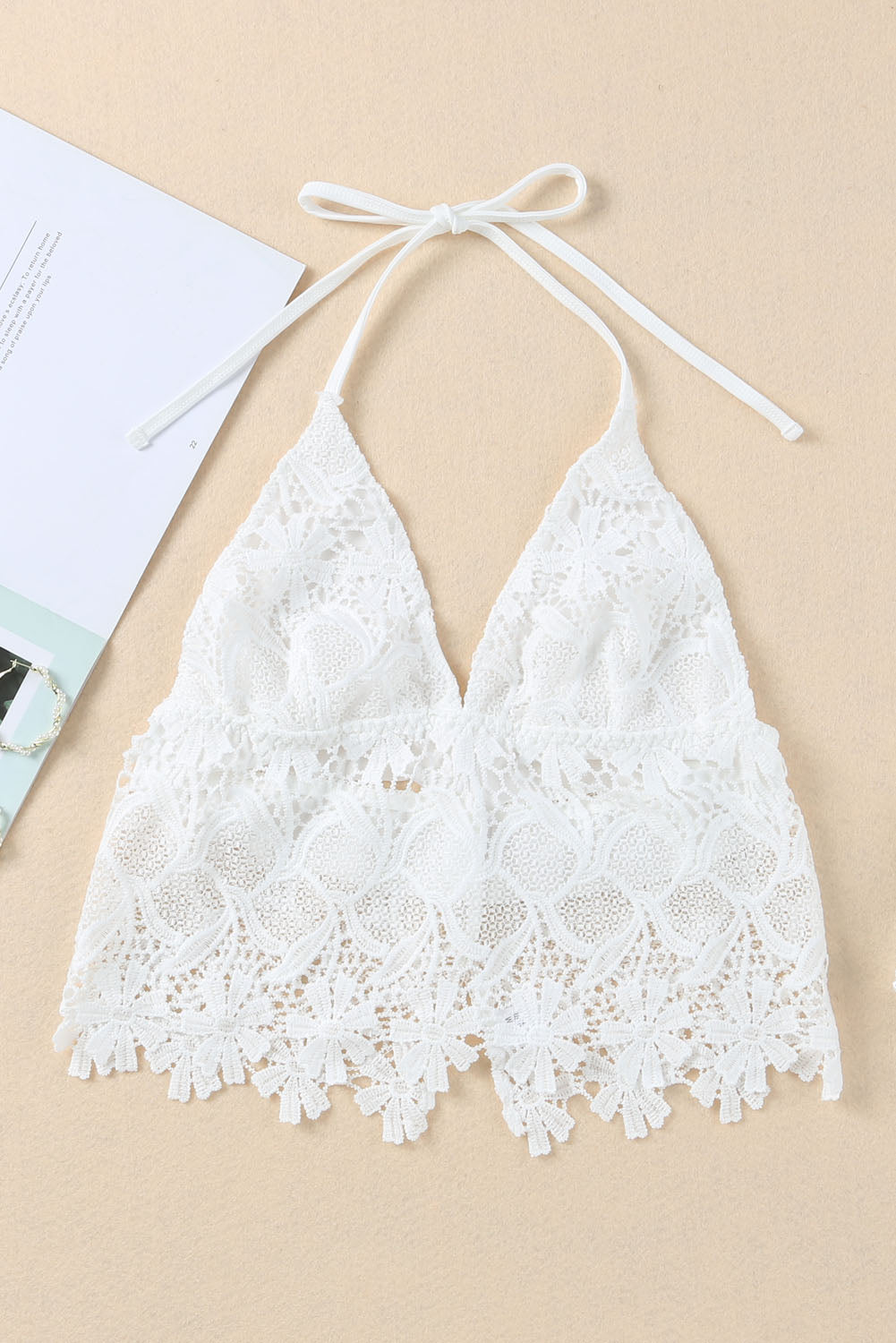 White Floral Lace Crochet Halter Backless Bralette