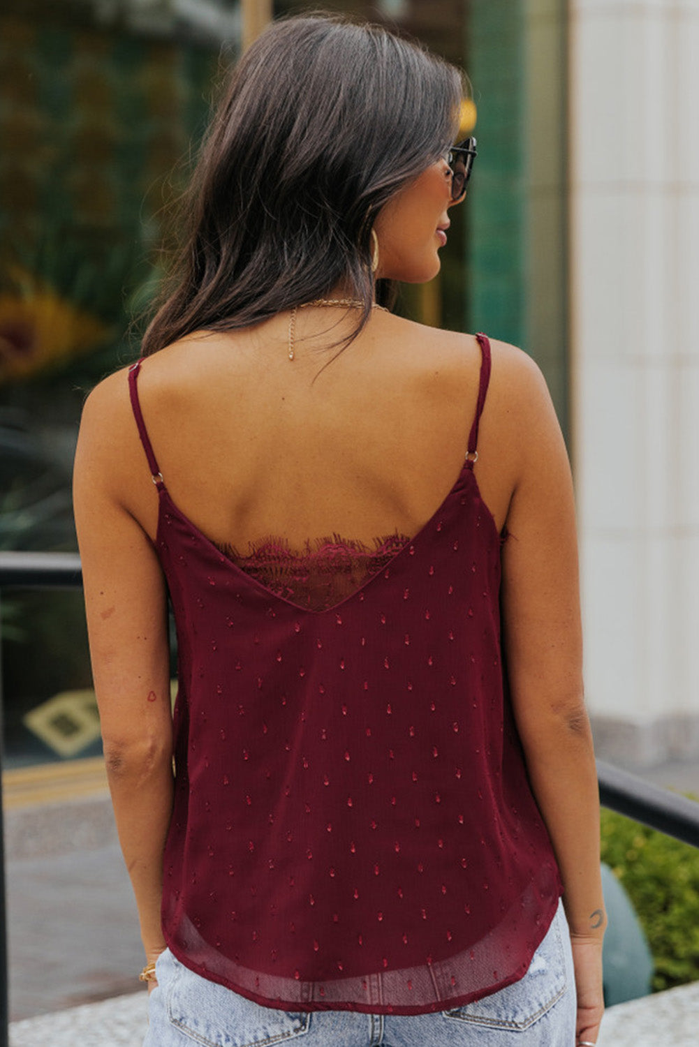 Red Eyelash Lace Trim Textured Cami Top