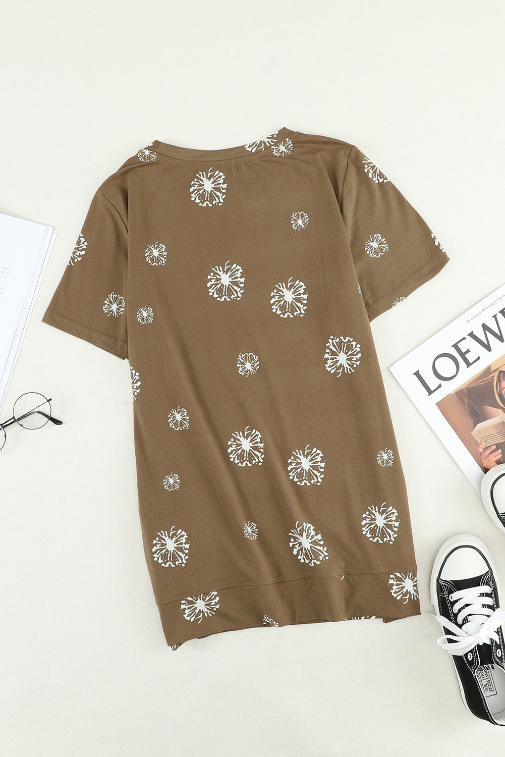 Brown Dandelion Print Crew Neck T-shirt