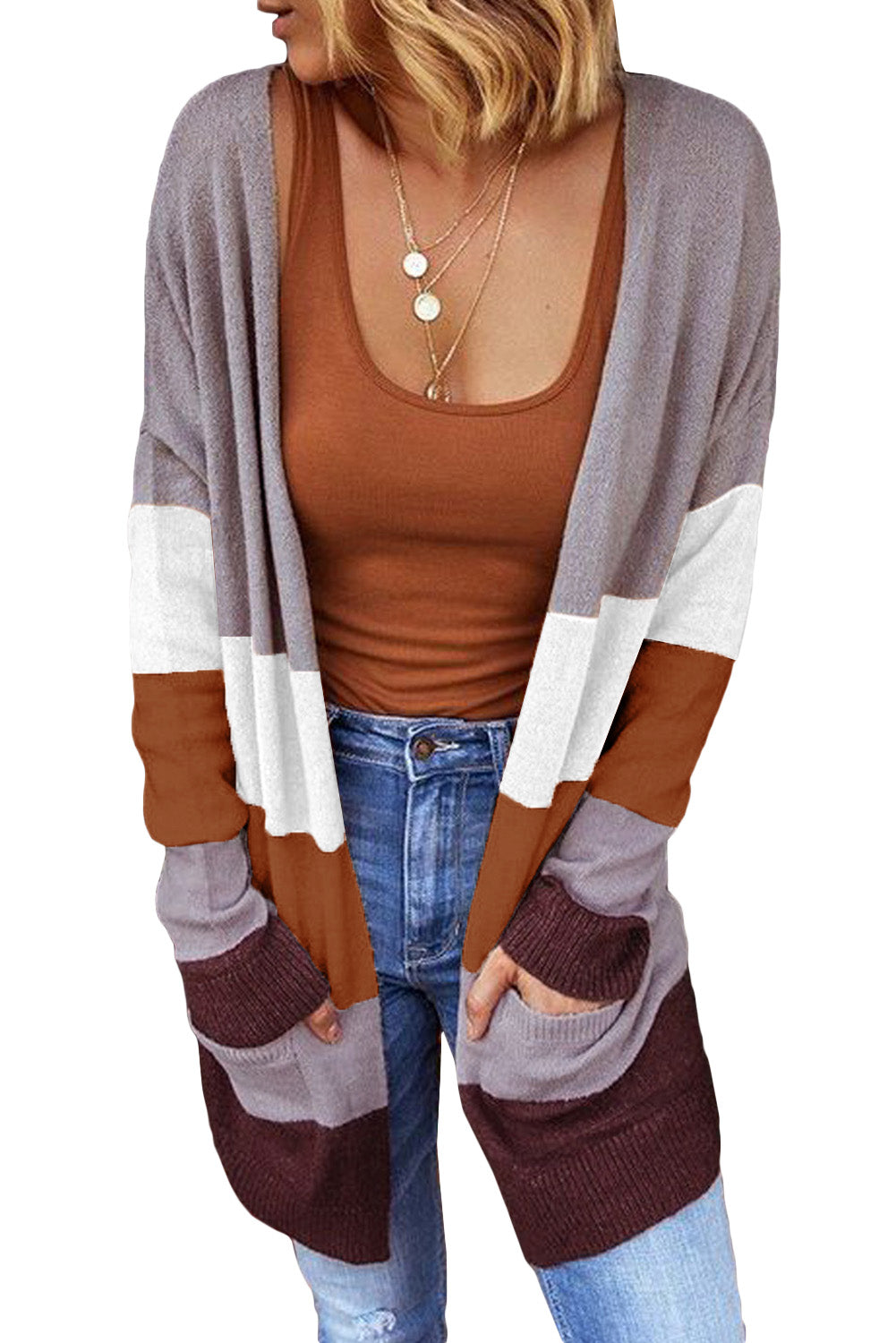 Khaki Open Front Colorblock Cardigan with Pockets
