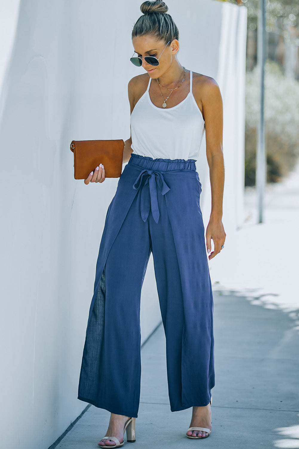 Blue Wrap Wide Leg Pants with Tie