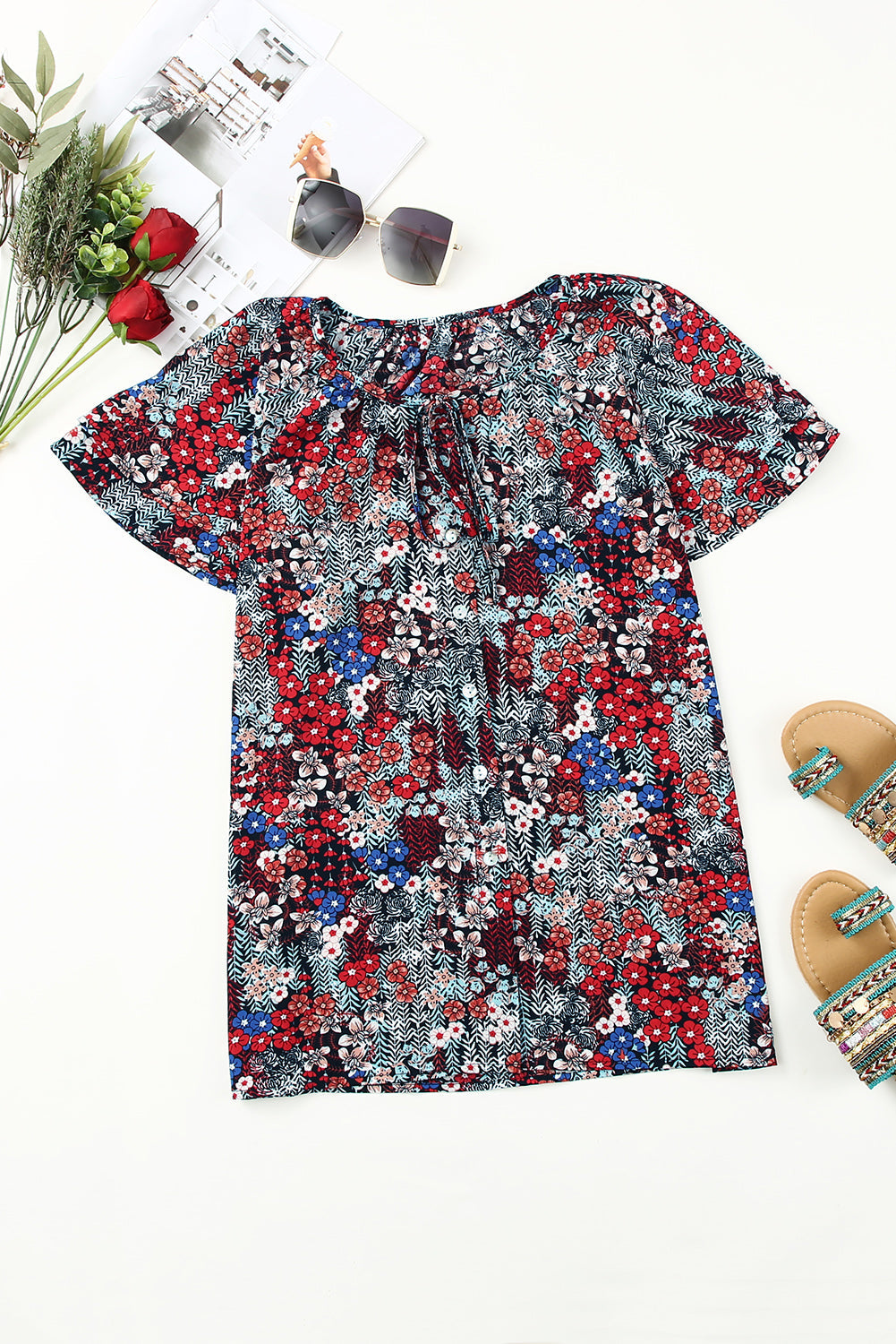 White Floral Print Drape V Neck Short Sleeve Blouse