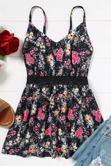 Black Lace Contrast Floral Peplum Tank Top