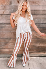 Brown Striped Fringe Bell Bottom Denim Pants