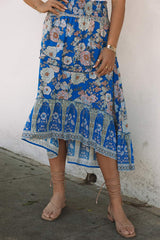 Blue Smocked Waist Boho Floral Maxi Skirt