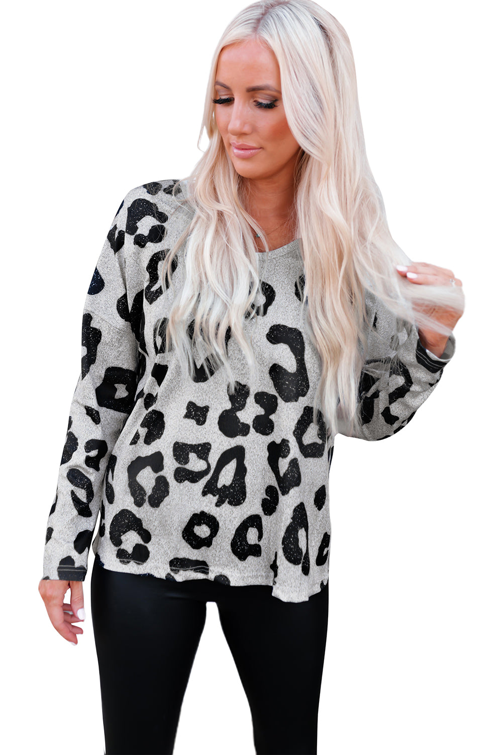 Gray Leopard Print Loose Fit Long Sleeve Top