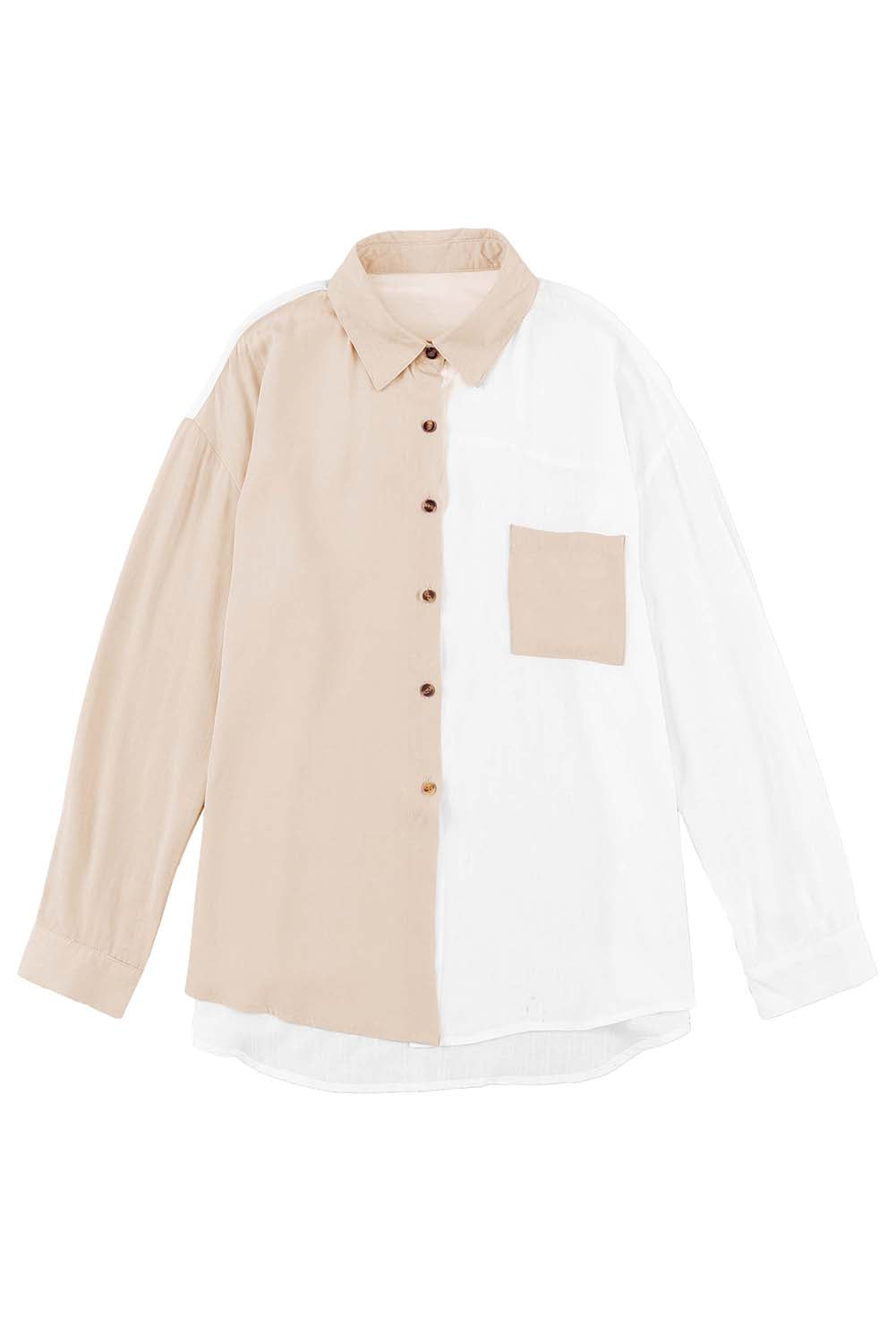 Khaki Colorblock Buttons Shirt-Collar Long Sleeve Pocket Blouse