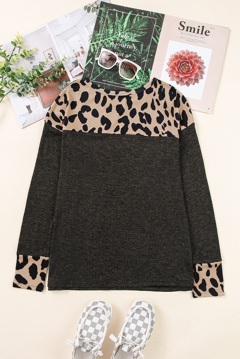 Black Leopard Contrast Trim Knit Top