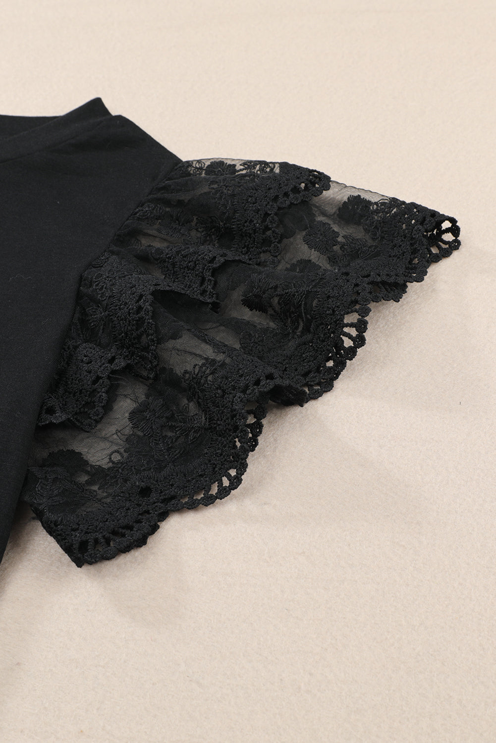 Black Lace Ruffle Sleeve Round Neck T Shirt