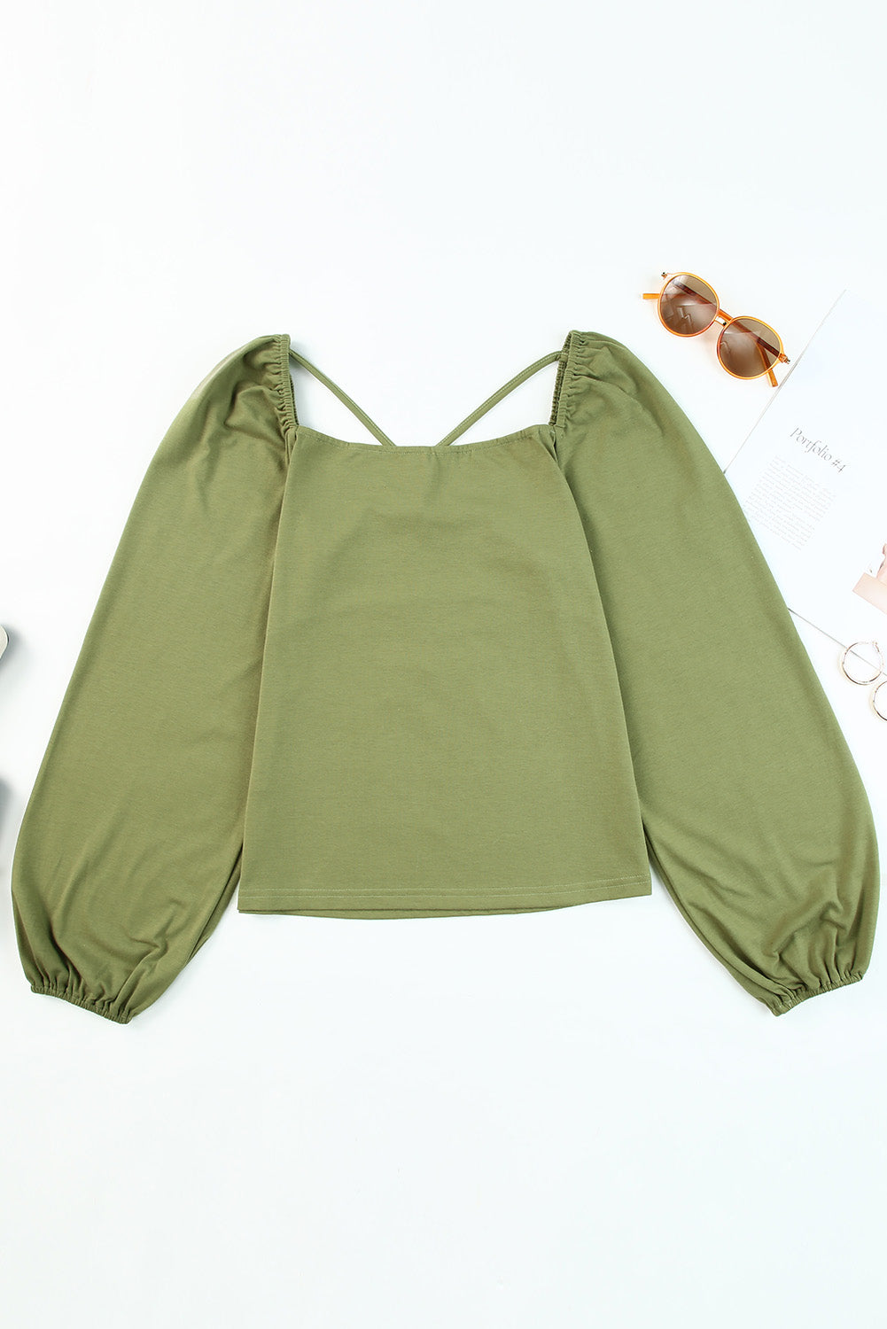 Green Cut Out Criss Cross Sweetheart Neck Long Sleeve Top