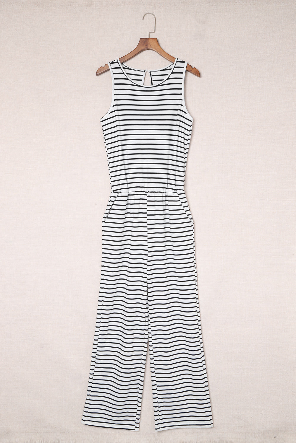 White Striped Print Pocketed Sleeveless Jumpsuit