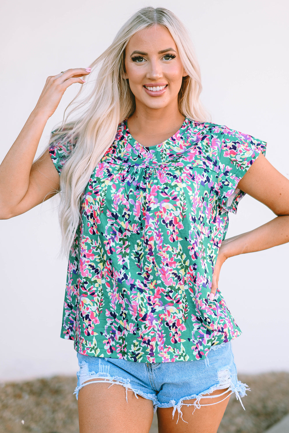 Sky Blue Floral Print Ruffled Short Sleeve Babydoll Top