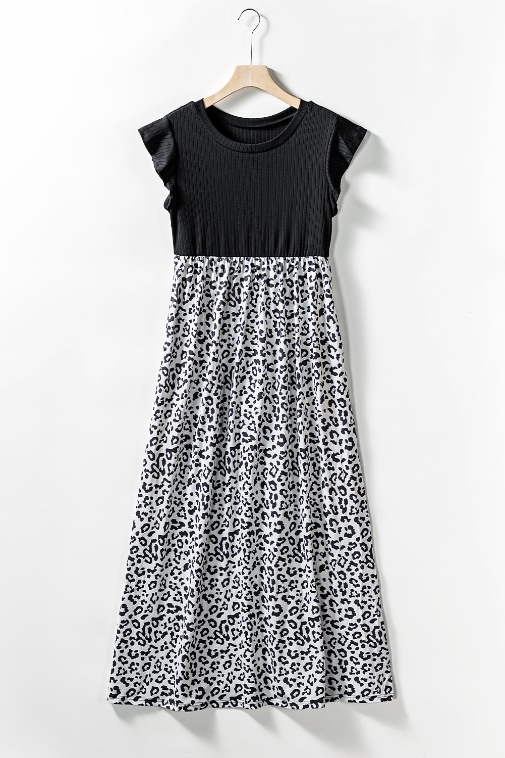 Gray Leopard Patchwork Ribbed Maxi Dress with Pockets