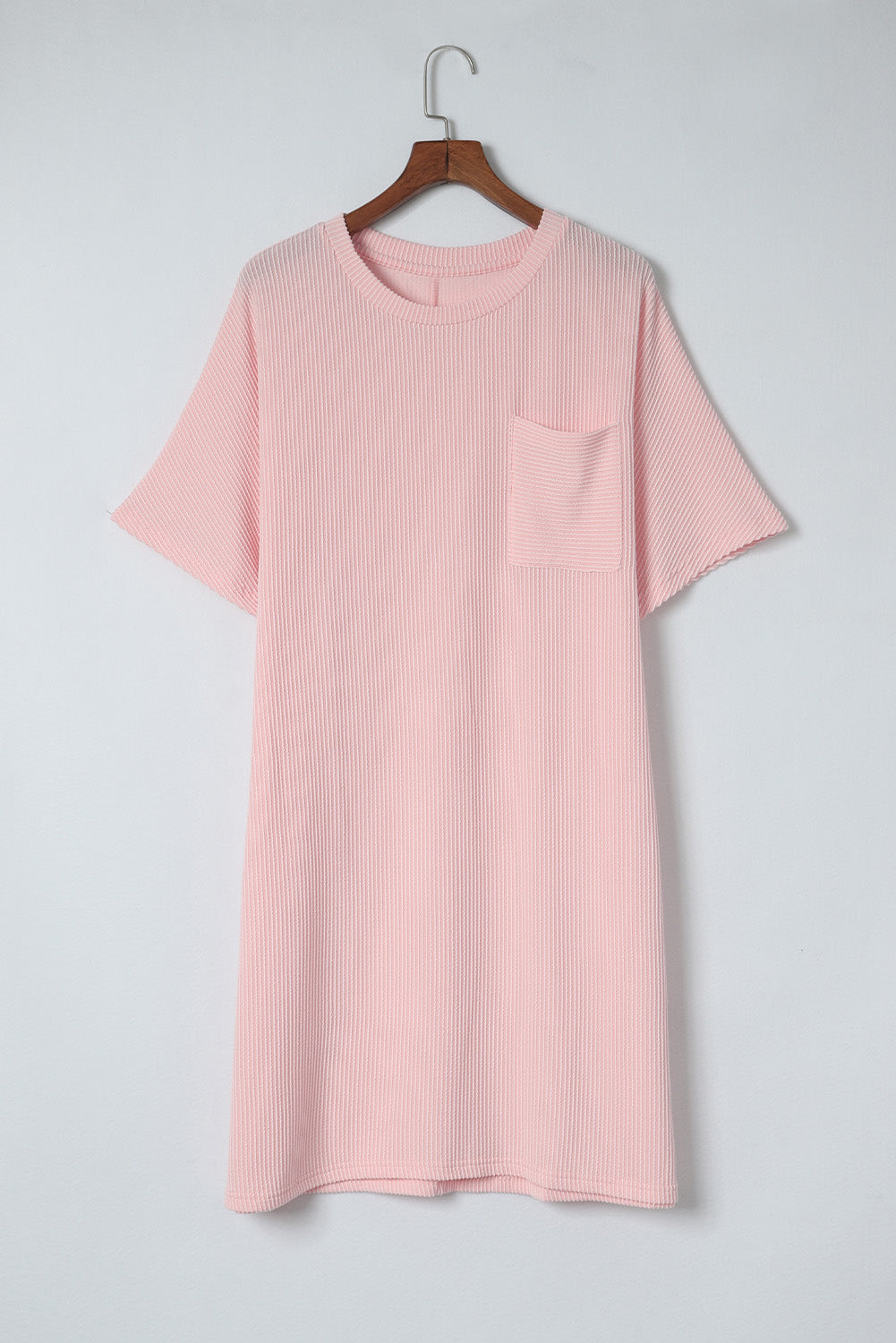 Pink Ribbed Chest Pocket Short Sleeve Plus Size Lounge Dress