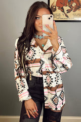 Bright White Aztec Print Loose Fit Buttoned Long Sleeve Shirt