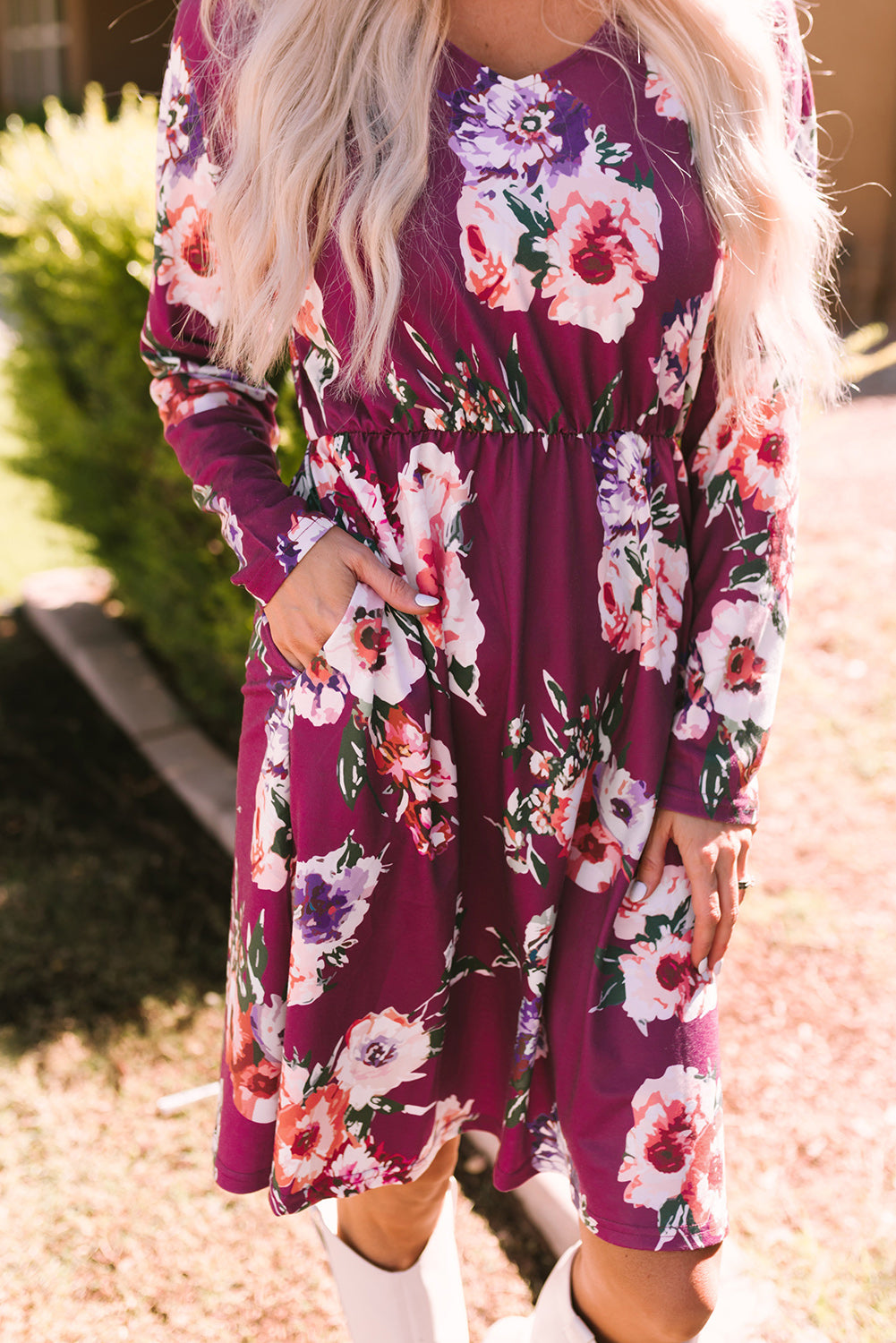 Rose Long Sleeve High Waist Floral Dress