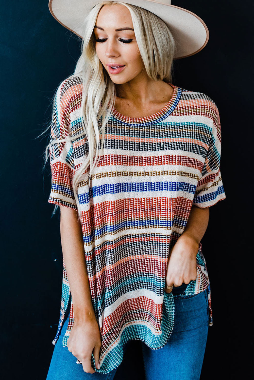 Multicolor Striped Loose T-shirt with Slits