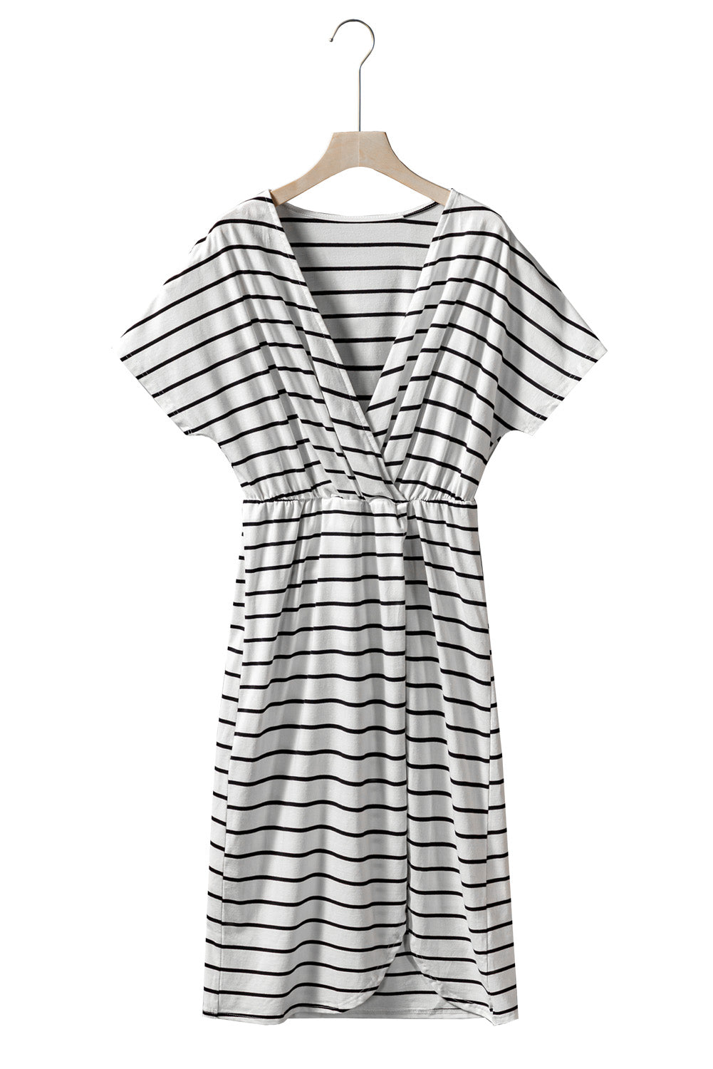 White Stripe Wrapped V Neck Short Sleeve Split Dress