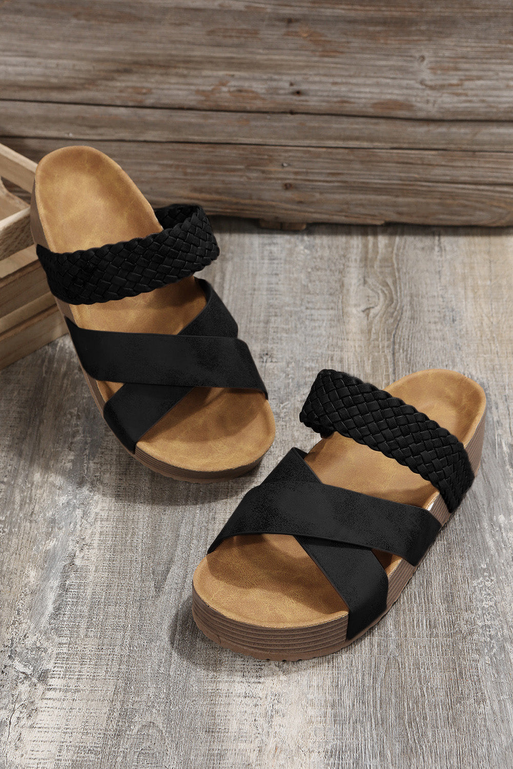 Brown Braided Detail Criss Cross Platform Slippers