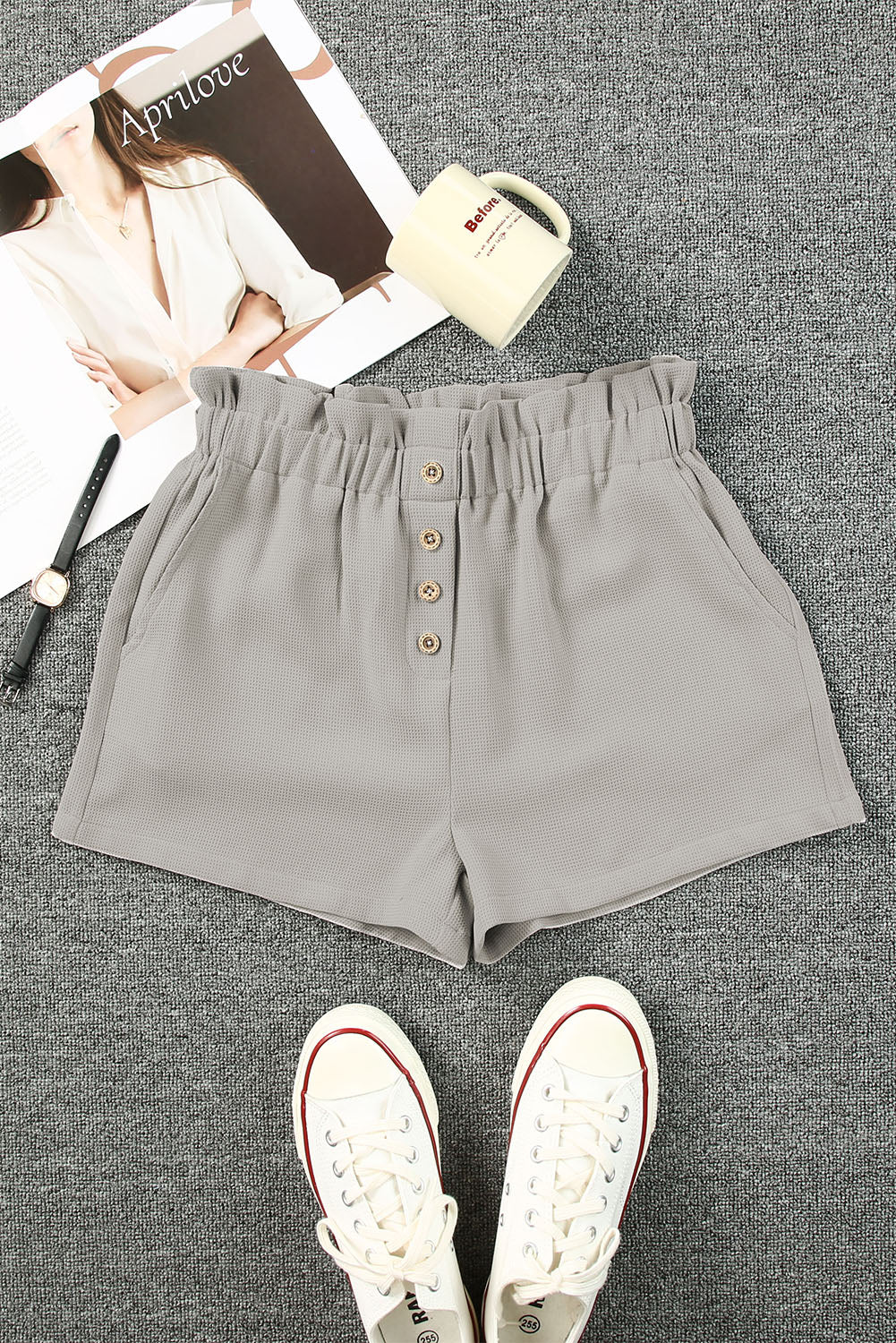 Gray Linen Mix Paper Bag Shorts