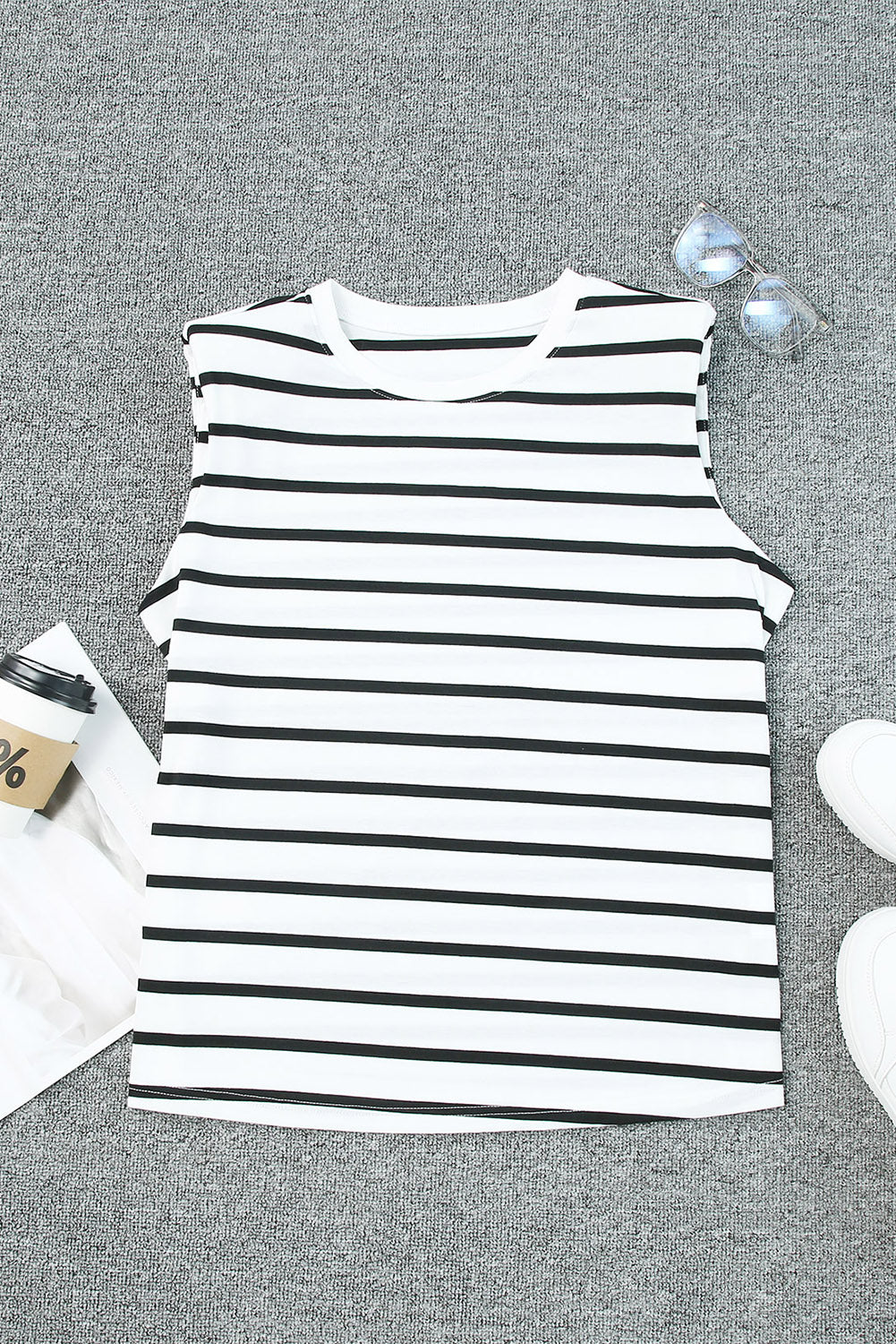 White Striped Print Shoulder Pads Boxy Tank Top