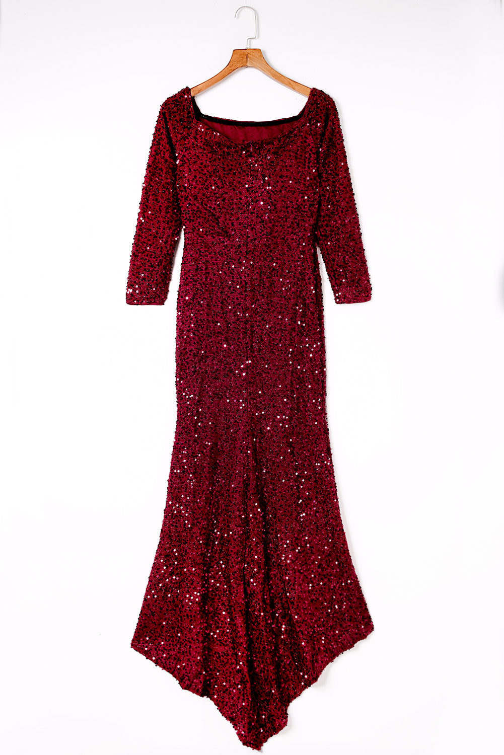 Red Sequin Off Shoulder Long Sleeve Evening Gown