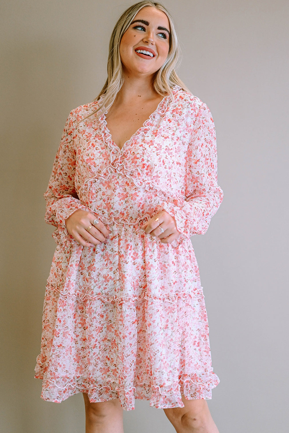 Pink Frilled Tiered Floral Plus Size Dress