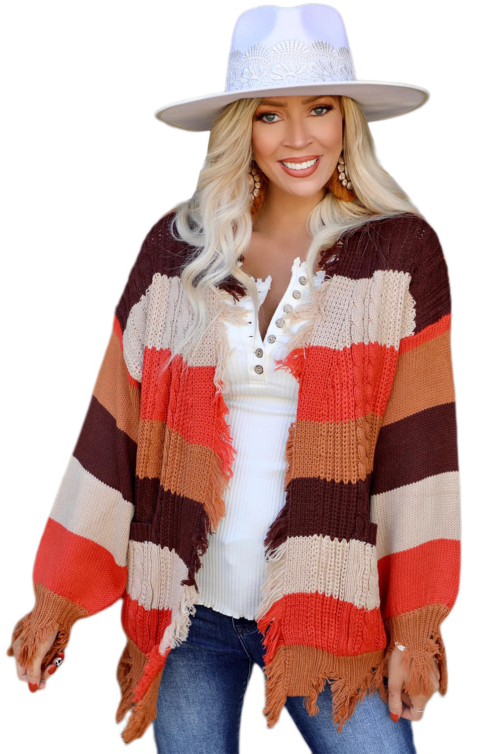 Multicolor Striped Knit Frayed Hem Cardigan