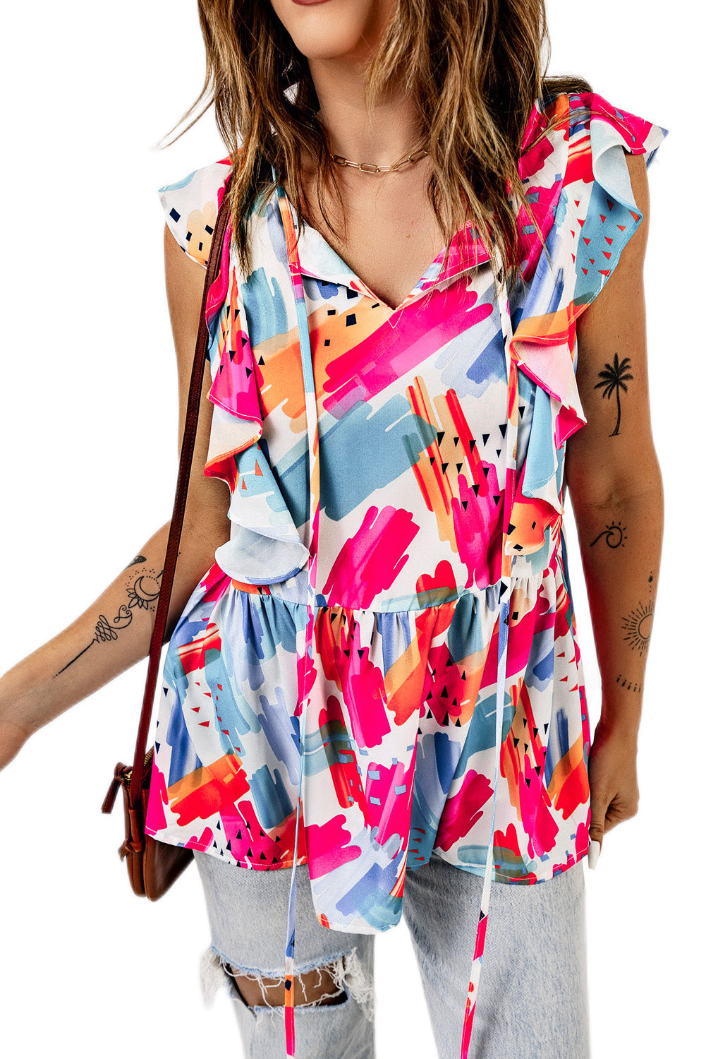 Multicolor Abstract Print V Neck Ruffled Tank