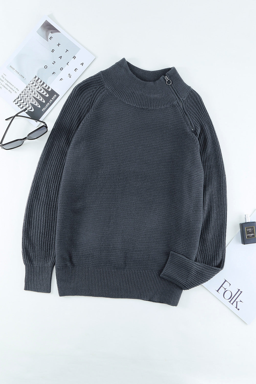 Brown Zip Knitted High Neck Sweater