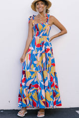 Orange Boho Print Tie Straps Smocked Maxi Dress