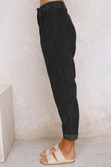 Black Corduroy High Waist Straight Leg Pants