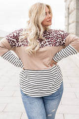 Stripe Leopard Colorblock Striped Long Sleeve Plus Size Top