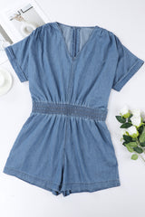 Sky Blue V Neck Smocked Waist Pocketed Chambray Romper